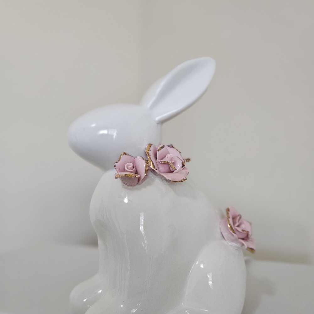 White Ceramic Bunny with Pink Roses